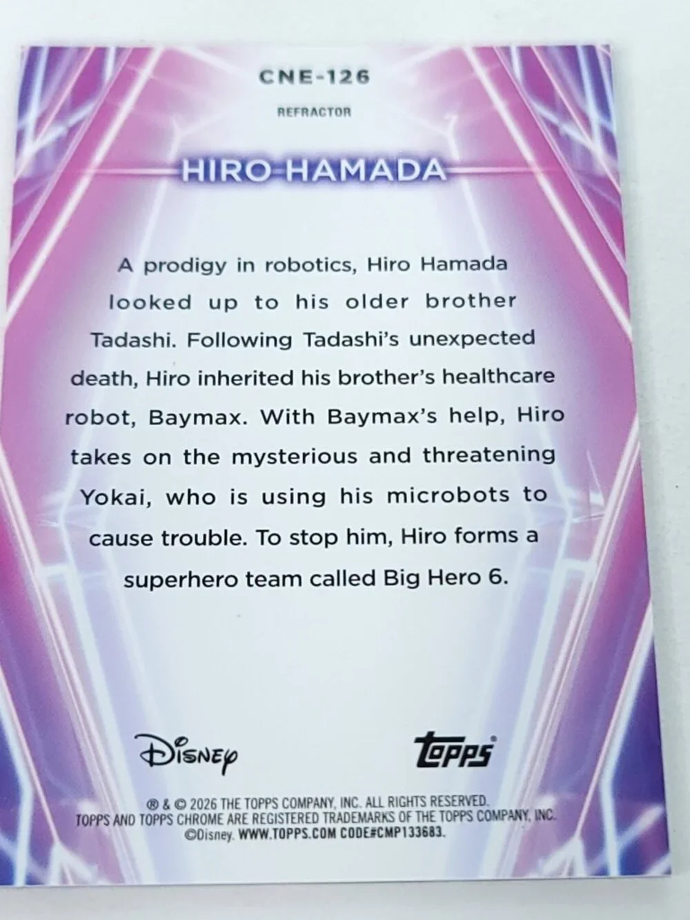 Hiro Hamada Topps 2026 Disney Neon Holo Chrome Refractor Limited 104/199 CNE